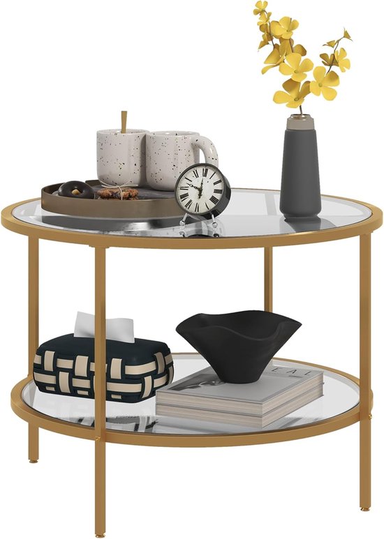 Bijzettafel ronde salontafel met plank Ø60 x 43 cm goud | Stalen frame, salontafel, nachtkastje, voor woonkamer, slaapkamer