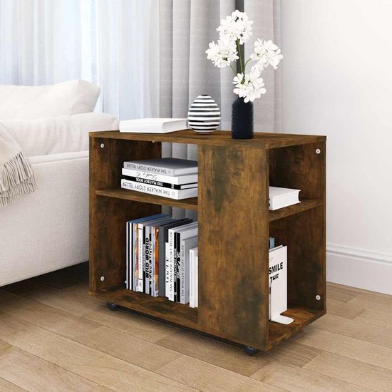 Bijzettafel, rookeiken, 70 x 35 x 55 cm, met wielen, salontafel van onderhoudsvriendelijk houtmateriaal, stijlvolle bijzettafel met opbergruimte voor orde, gemakkelijk te verplaatsen door