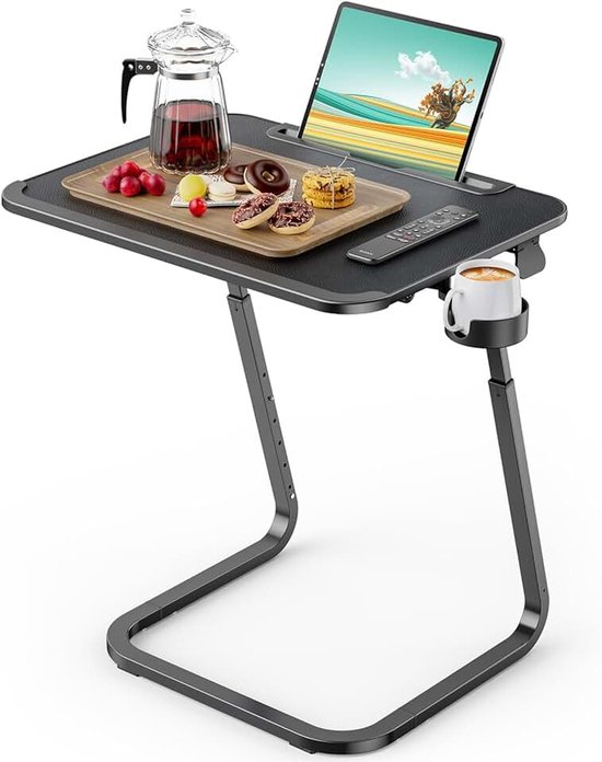 Bijzettafel, SAIJI bijzettafel, naast tafel woonkamer, steviger U-vormige poten, tv-lade, verstelbare hoogte en hoek, met tabletsleuf, bekerhouder, 55 x 39 cm