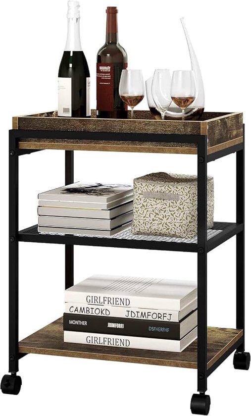 Bijzettafel, salontafel, banktafel, met wieltjes, vergrendelbaar, 3 planken, afneembaar dienblad, van metaal en hout, vintage houtlook + zwart metalen frame, BTS09