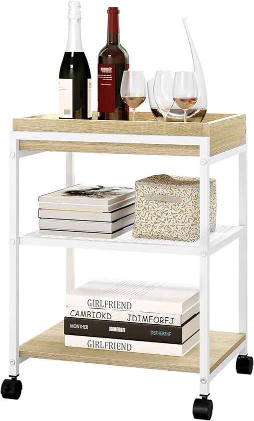 Bijzettafel, salontafel, banktafel, nachtkastje, wieltjes, vergrendelbaar, 3 planken, afneembaar dienblad, metaal en hout, licht eiken + wit, BTS09hei