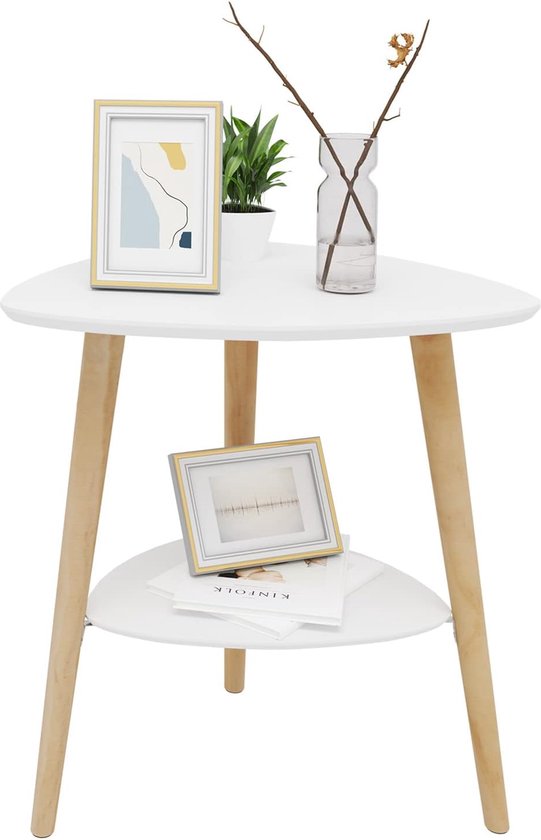 bijzettafel, salontafel, koffietafel, nachtkastje, nachtkastje, koffietafel met 2 legplanken, houten poten, MDF, 55x40x50 cm, wit