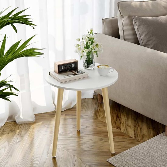 Bijzettafel, salontafel rond Ø 42 cm, hoogte 51 cm, banktafel met poten van massief hout, Scandinavische stijl, nachttafeltje hout voor woonkamer, slaapkamer, natuur/wit