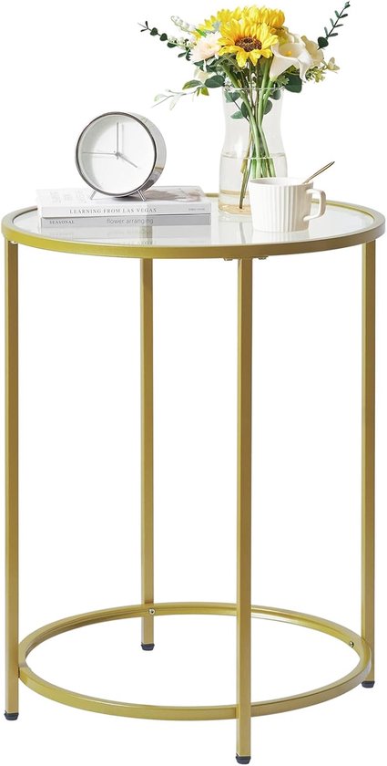 Bijzettafel, salontafel, rond, van gehard glas, metalen frame, transparant, 50 x 65 cm, smal nachtkastje, banktafel voor woonkamer, balkon, kantoor, goudkleurig HGD020G