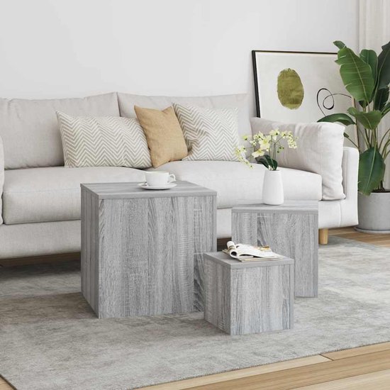 Bijzettafel set 3 stuks. Grijs Sonoma hout bijzettafel salontafel nachtkastje multifunctioneel met glad oppervlak en eenvoudige reiniging voor woonkamer