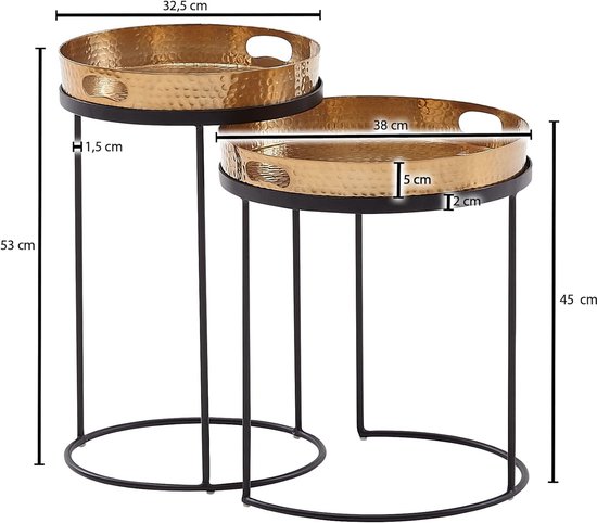 Bijzettafel Set van 2 Metaal Goud, Mimoset met Afneembaar Dienblad | rond dienbladtafels met hamerslag-look, salontafel set handgemaakt, afneembaar blad als dienblad