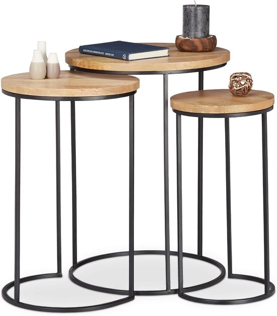 bijzettafel, set van 3, drie verschillende groottes, onder elkaar plaatsbaar, metaal & mangohout, natuur