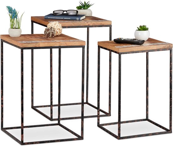 bijzettafel set van 3, mangohout metaal, mix van verschillende
