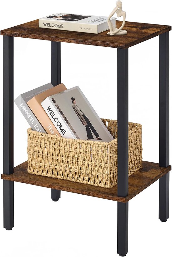 bijzettafel, smalle bijzettafel met 2 planken voor de woonkamer | Bijzettafels voor bij de bank met stalen frame, open planken, kleine tafel, nachtkastje voor de slaapkamer, thuiskantoor