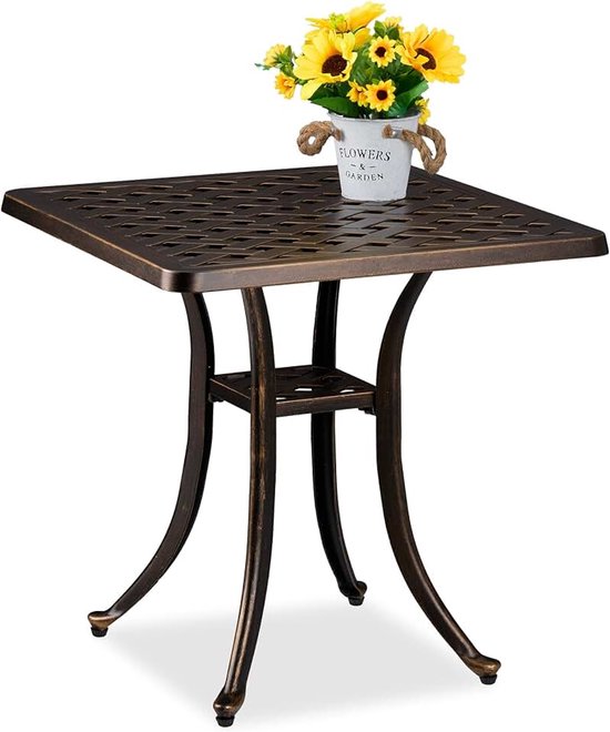 Bijzettafel tuin, weerbestendig, gegoten aluminium, HBD: 53x54x54 cm, vierkante tuintafel, zwart-brons