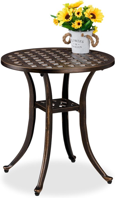 bijzettafel tuin, weerbestendig, tuintafel, gegoten aluminium, HxØ: 53x49 cm, ronde balkontafel, zwart-brons