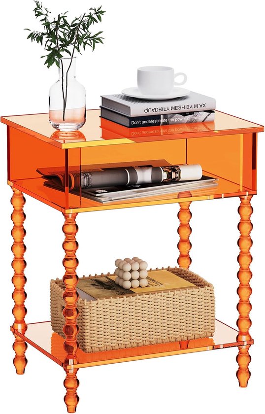 Bijzettafel van acryl, transparante bijzettafel met 3 niveaus met opslag, nachtkastje voor woonkamer, slaapkamer, kantoor (oranje, klein)