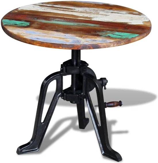 Bijzettafel van gerecycled oud hout met gietijzeren voet en instelbare hoogte 42-63 cm in retrostijl – handgemaakte salontafel met massief houten blad