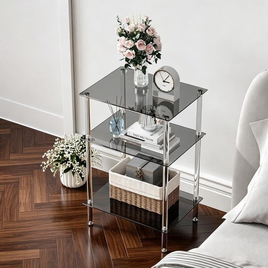Bijzettafel van glas, rechthoekig nachtkastje, transparante glazen tafel, mobiele salontafel, 3 planken, glazen plank, woonkamer, LET519BK