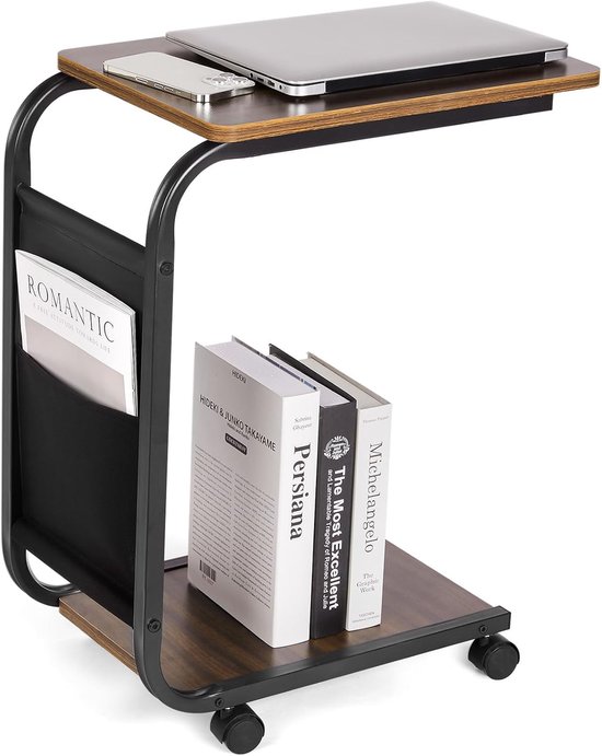 Bijzettafel van Hout voor Bank, Sofatafel met Wielen en Opbergtas, C-vormige Mobiele Koffietafel met Metalen Frame, 46 x 30 x 62 cm Bijzettafels voor de Woonkamer, voor Koffie en Laptop