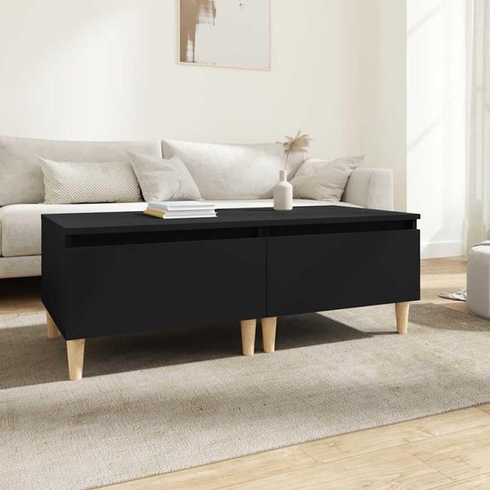 Bijzettafel van houtmateriaal, zwart, 2 stuks, 50 x 46 x 35 cm, met lade en houten poten voor woonkamer