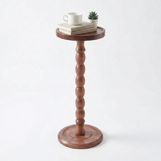 Bijzettafel Van Massief Eikenhout Met Schotel, Rustiek Bruine Hoogpedestaltafel, Voor Woonkamer, Bank, Slaapkamer, Kleine Ruimtes (Dark walnut)