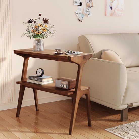 Bijzettafel van massief hout, 2 verdiepingen tellende bijzettafel met plank, modern accent, smal nachtkastje voor bank, woonkamer, slaapkamer, kleine ruimte, eenvoudige montage, rustiek