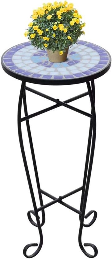 Bijzettafel van mozaïek, telefoontafel, sideboard, hoge tafel voor planten, zijtafel voor tuin, balkon, terras, 30 x 60 cm, blauw en wit