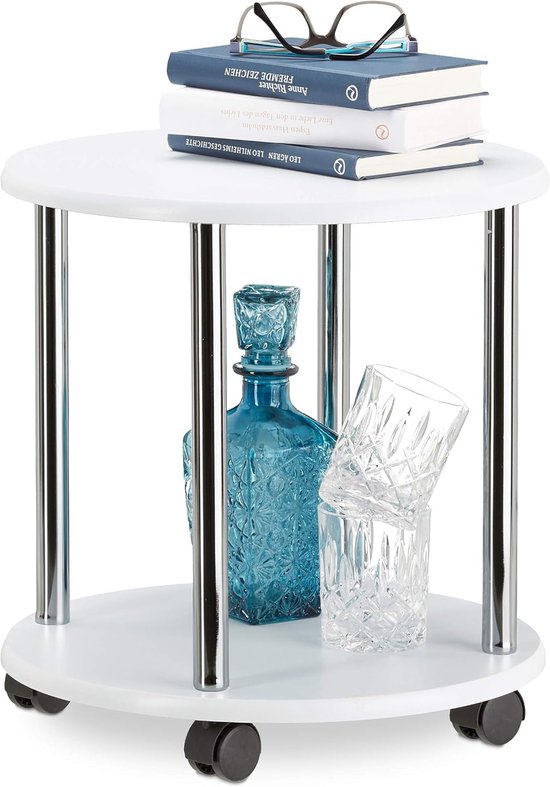Bijzettafel, verrijdbaar, 2 etages, HBD: 41,5x40x40cm, ronde bloementafel, tafeltje op wielen, salontafel, wit