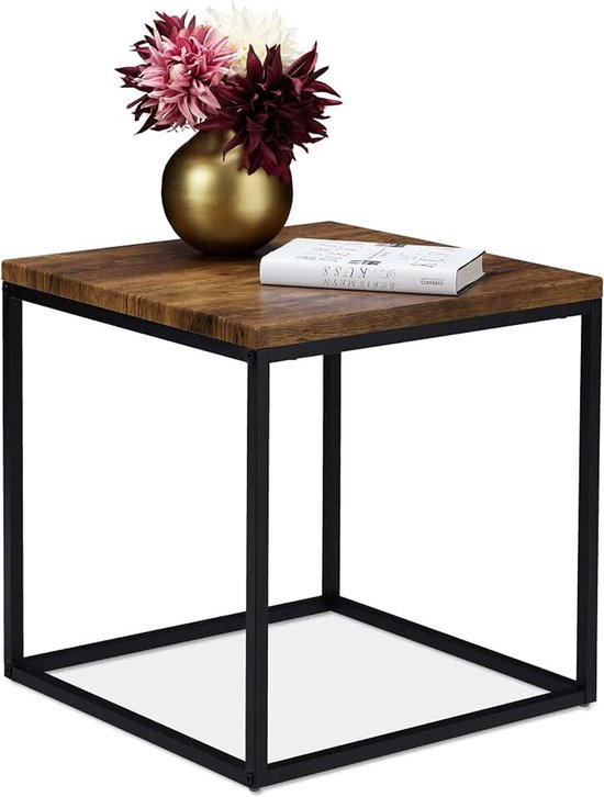 Bijzettafel, vierkant, 45 cm, industrieel, bijzettafeltje woon- & slaapkamer, metaal, houtlook/zwart