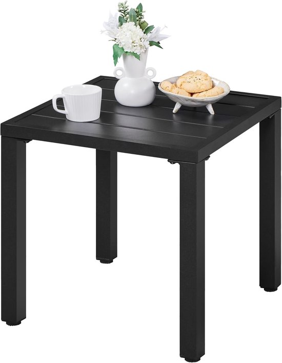 Bijzettafel voor buiten, van metaal, vierkante tuintafel, compacte tafel, 45 x 45 x 45,5 cm (l x b x h), zwart | Kleine vierkante tuintafel van metaal met waterafstotende coating voor balkon, tuin, terras, woonkamer