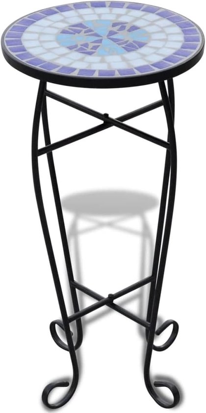 Bijzettafel voor planten, bijzettafel voor terras, rond mozaïek-oppervlak, klein, mozaïek-balkontafel voor buiten, metalen tafel met blauw en wit mozaïek
