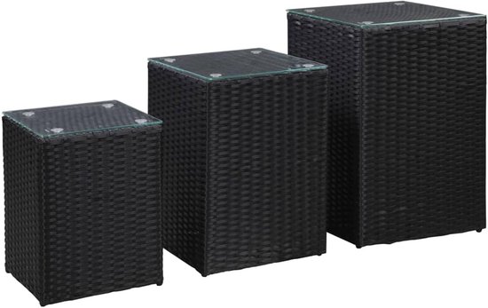 Bijzettafels 3 stuks met glazen top zwart poly rotan, woonkamer eindtafels, bijzettafels voor woonkamer (SPU: 46984)