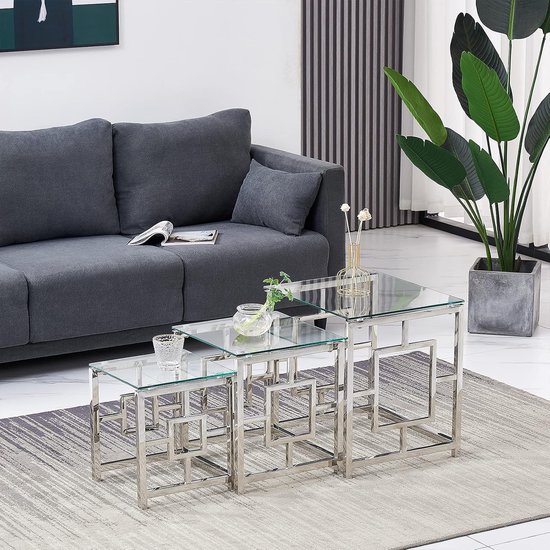 Bijzettafels, bijzettafels, bijzettafel van roestvrij stalen frame en gehard glas, voor woonkamer, modern design, voor woonkamer, café en bar (zilver A, transparant glas)