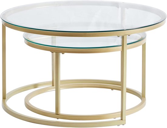 Bijzettafels in de woonkamer, kleine eettafel en bureautafel van gehard glas, groot 80 x 80 x 45 cm, klein 60 x 60 x 35 cm, goud