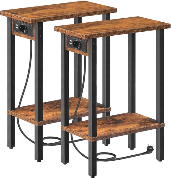 Bijzettafels met 2 Vakken, Set van 2, Salontafels met Oplaadstation, Nachtkastjes, Voor Kleine Ruimtes, Woonkamer, Slaapkamer, Thuiskantoor, Vintage Bruin en Zwart EBF240CBZP201