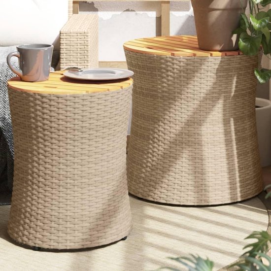Bijzettafels met houten plaat, beige, polyrotan, duurzaam polyrotan, outdoor meubels met acaciahout tafelblad en stalen frame, voor terras, tuin, balkon, 2 stuks