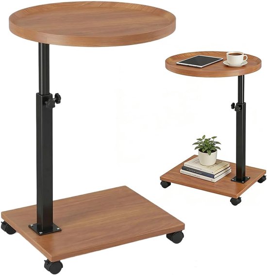 Bijzettafels, ronde vorm, bijzettafel, in hoogte verstelbaar, hebben 360° roterende walnoot afwerking, voor bank (houtkleur)