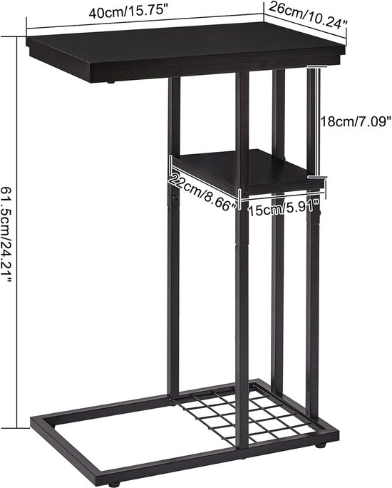 Bijzettafels, salontafel, C-vorm met 2 etages, salontafel, kleine metalen tafel, voor woonkamer, slaapkamer, kantoor, 40 x 26 x 61,5 cm, zwart HST004B-2