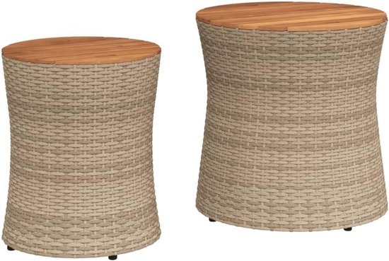 Bijzettafels, set van 2 met acaciahout, ruimtebesparend in elkaar op te bergen, gepoedercoat stalen frame, voor tuin, terras, balkon, beige