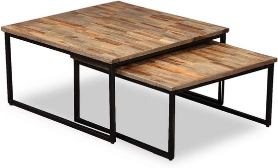 Bijzettafels, set van 2, salontafel, metaal en teakhout, bijzettafels, industriële stijl