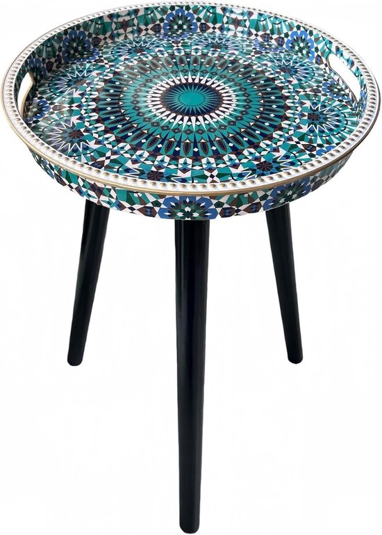 Bijzettafels voor binnen met 3 afneembare houten poten, veelzijdige dienbladtafel, perfect voor ronde salontafel, thee en ontspanningstijd, 45 cm (groen stippenpatroon)