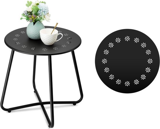 Bijzettafels voor buiten met bloemuitsparingen, weerbestendig stalen terrasbijzettafel, kleine ronde bijzettafel voor buiten, metalen bijzettafel voor terras, tuin, balkon, tuin, zwart