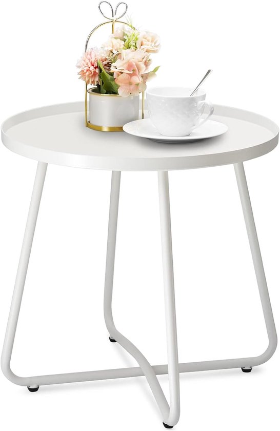 Bijzettafels voor buiten, weerbestendige stalen terrasbijzettafel, kleine ronde buitentafel, metalen bijzettafel voor terras, tuin, balkon, tuinbed, wit..