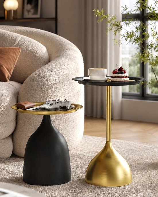 Bijzettafels voor de woonkamer, van zwart metaal, goudkleurig, ronde salontafel voor bank of fauteuil, moderne salontafel, veelzijdig voor binnen en buiten, hoogte 42/60 cm