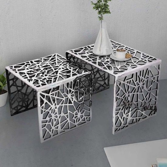 Bijzettafels voor woonkamer, bijzettafel, vierkant, aluminium, zilverkleurig, 2 stuks