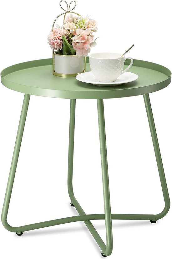 Bijzettafels, weerbestendig stalen terras, kleine ronde metalen bijzettafel voor buiten voor terras, tuin, balkon, tuin, nachtkastje, groen