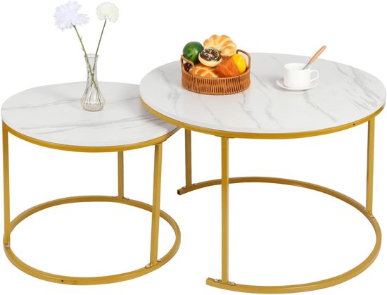 Bijzettafels, woonkamertafel, koffietafel met metalen frame + MDF bureaublad | φ70*45cm + φ50*38cm (D)