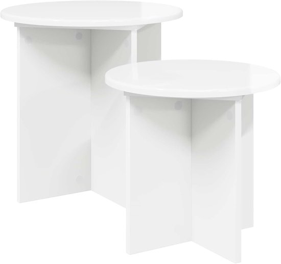 Bijzettafelset 2 stuks hoogglans wit van houtmateriaal, modern design voor woonkamer en slaapkamer, twee tafels in verschillende maten, ruimtebesparend combineerbaar,