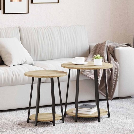 Bijzettafelset 2 stuks met plank in sonoma eiken en zwart, ronde bijzettafels met metalen frame voor woonkamer, industrieel design, praktische legplank