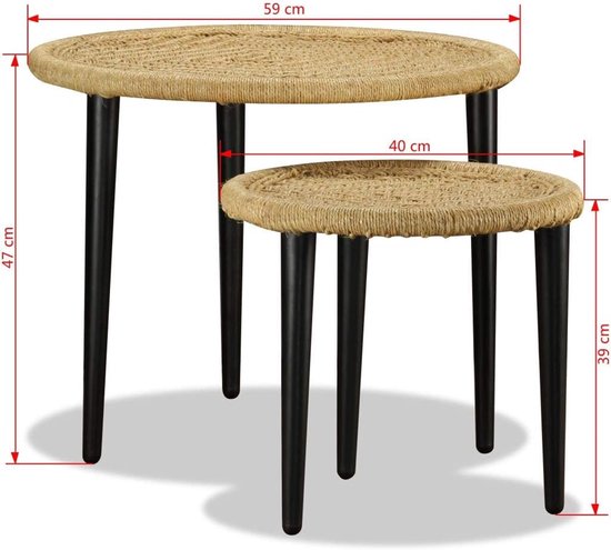 Bijzettafelset, 2 stuks, salontafel, printertafel, woonkamertafel, koffietafel, televisiekast, bloemenzuil, banktafel, natuur jute