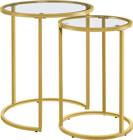Bijzettafelset, stalen frame, glazen salontafel, moderne stijl, salontafel voor woonkamer, goud