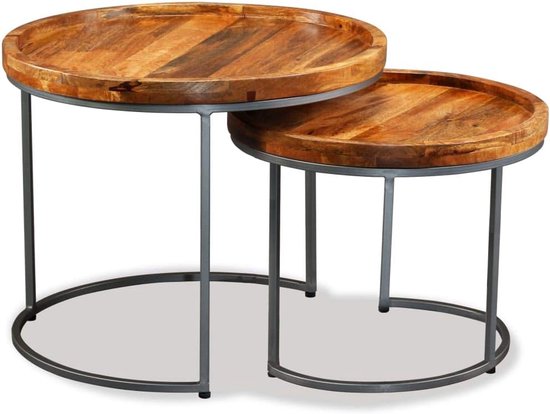 Bijzettafelset van 2 stuks, van massief mangohout, handgemaakt in vintage industriële stijl, opbergtafel en salontafel, met stabiele ijzeren poten, ruimtebesparend op te bergen