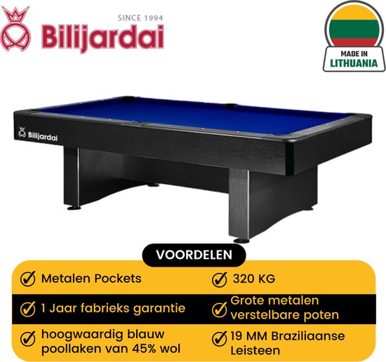 Bilijardai® - Dino Club Biljart - Pooltafel - 7Ft - 320kg - 3-Delig Braziliaans 19 mm Leisteen - Verstelbare metalen poten - blauw laken van 40% wol - Made in Europe - Made in Lithuania - 1 jaar fabrieksgarantie - Inclusief accessoires