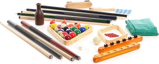 Biljart accessoires Complete Set - 4 Keuen en 16 Biljartballen - Met Driehoek, Wandhouder, Krijt, Onderhoudsset en Afdekdoek